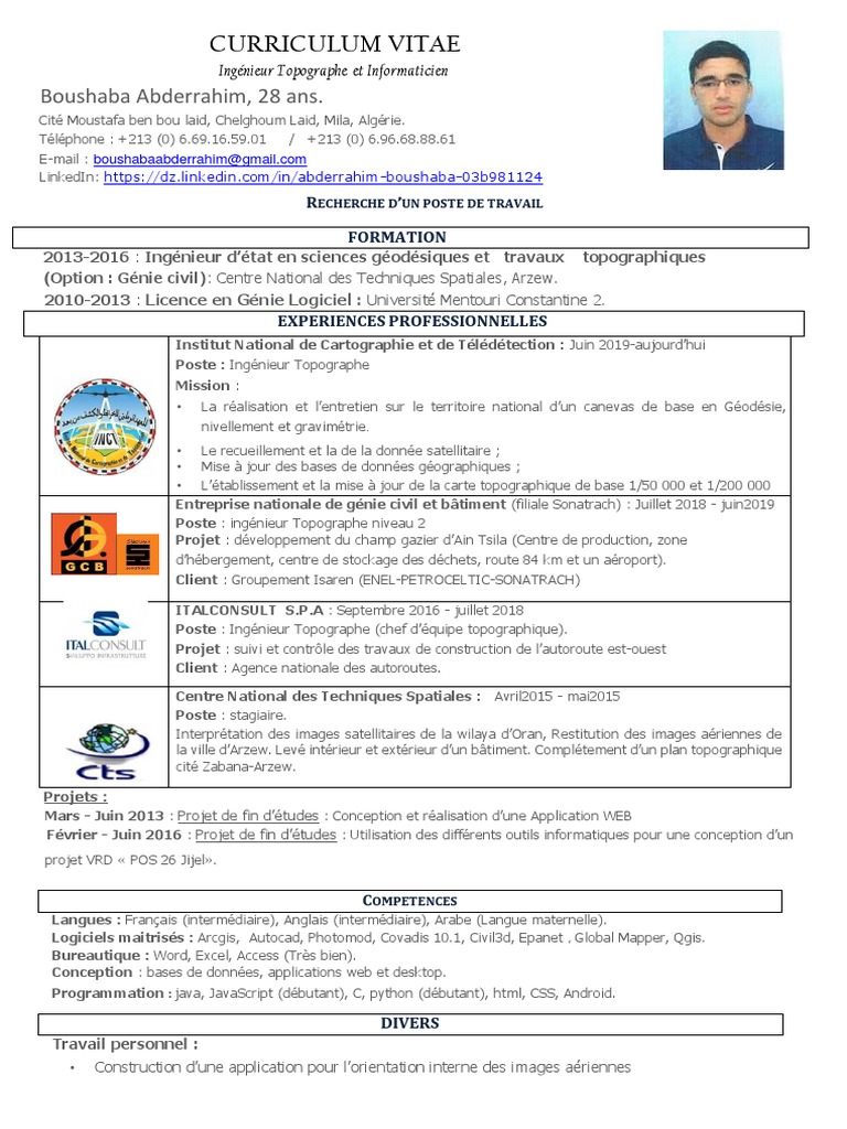 CV Ingénieur Topographe Boushaba Abderrahim | PDF | Topographie ...