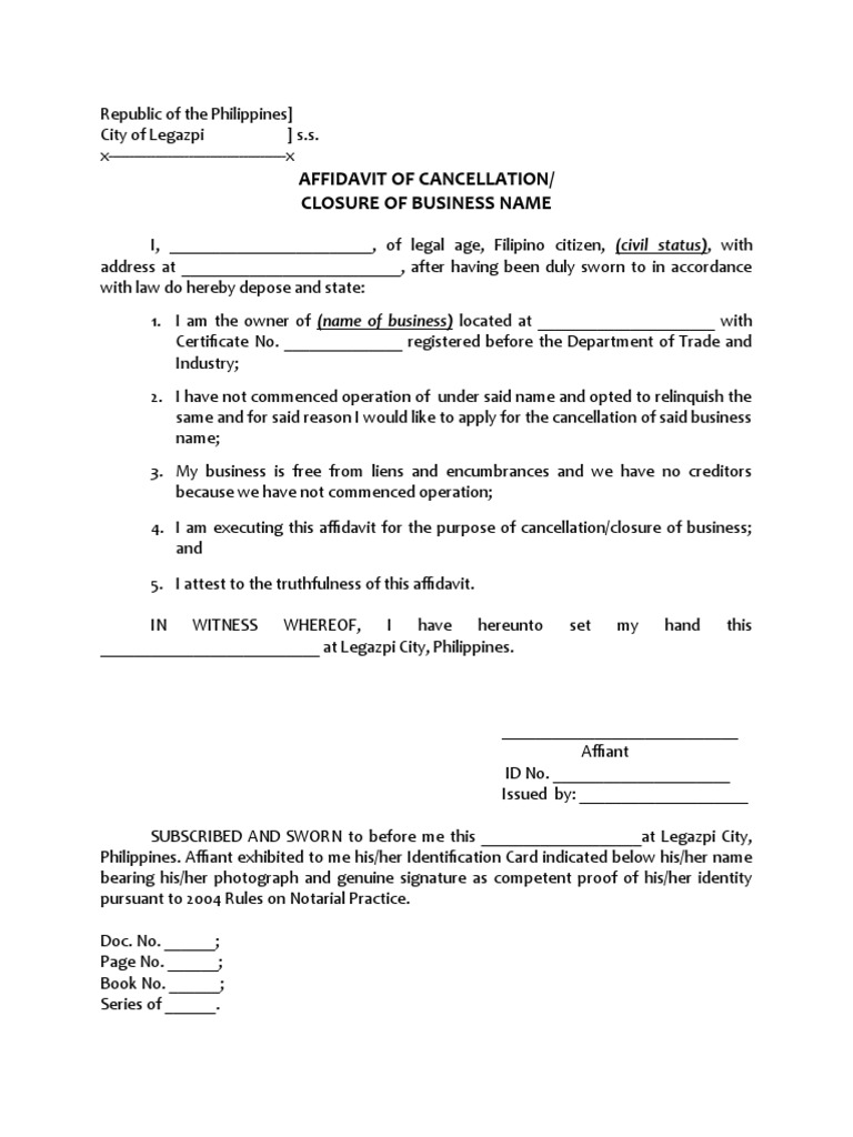 Affidavit of cancellation of business name template pdf
