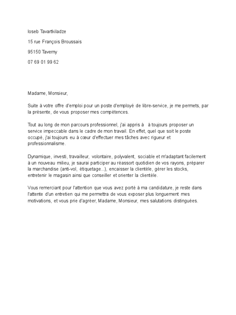 Lettre De Motivation Pour Employé Libre Service Lettre de Motivation Employé Libre Service | PDF