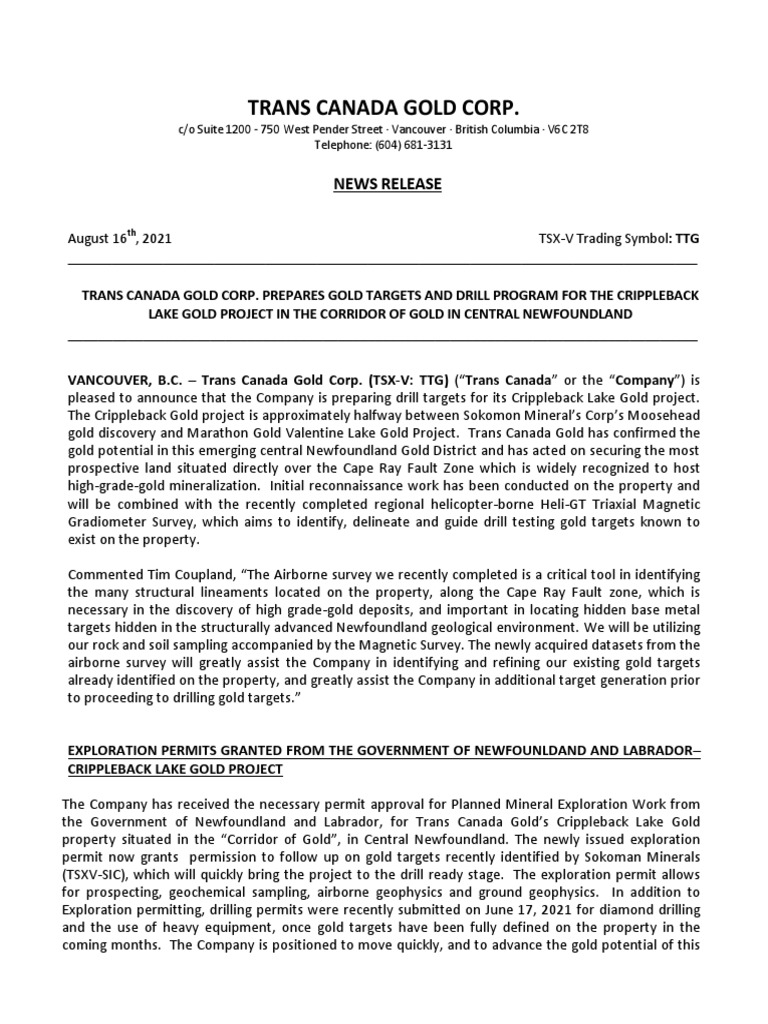 Crippleback Lake Gold Project Update | PDF | Mining | Gold