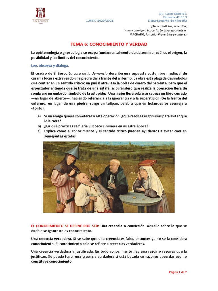 Tema 6 Conocimiento Y Verdad Pdf Verdad Proposición