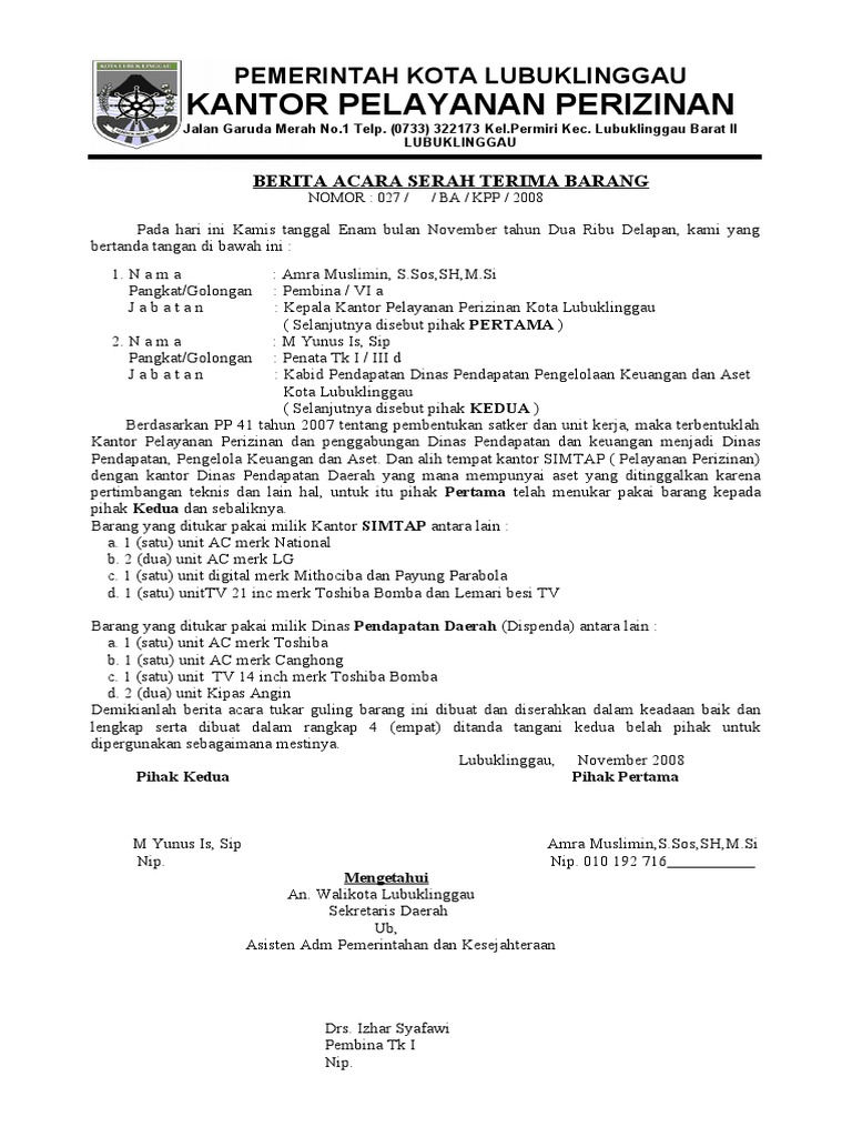 Contoh Surat Penarikan Barang Milik Daerah