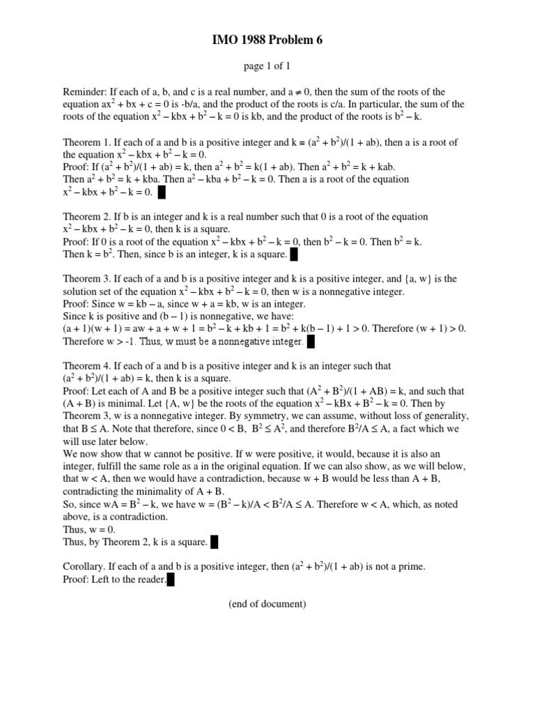 Imo 1988 Problem 6 Pdf Numbers Abstract Algebra