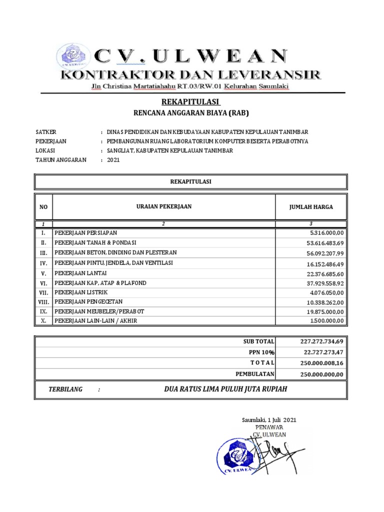 Rekapitulasi RAB Laboratorium Komputer | PDF