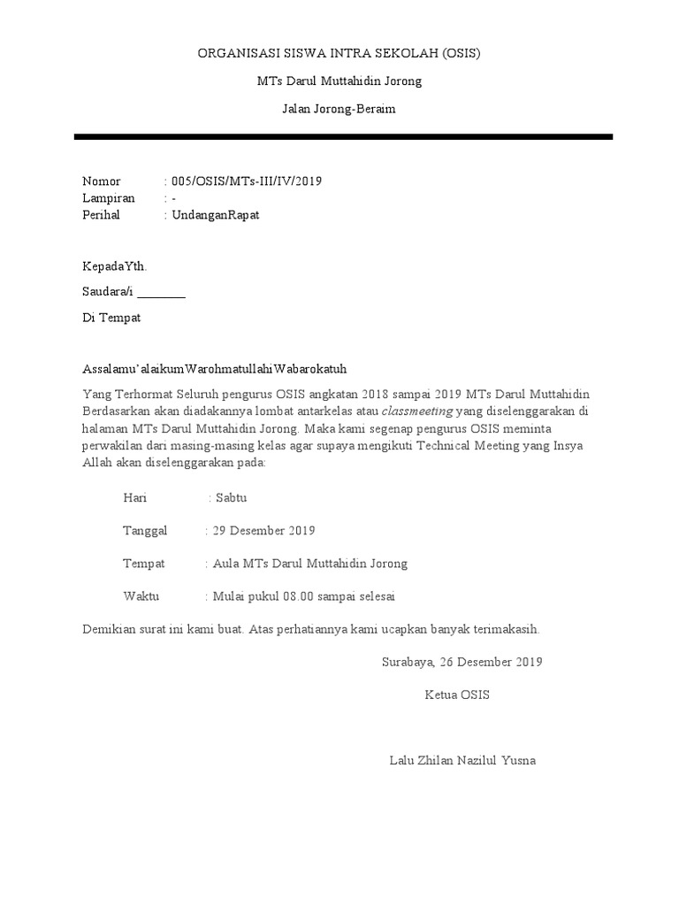 Contoh Surat Undangan Resmi Organisasi Osis Sekolah Pdf