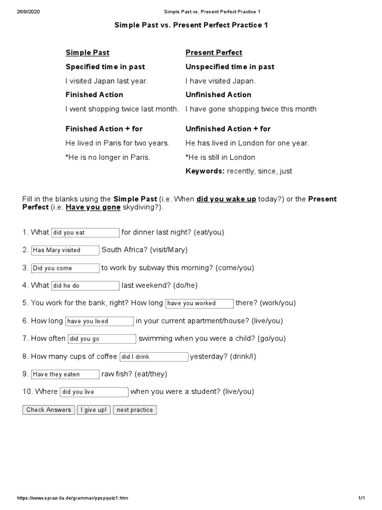 Simple Past vs. Present Perfect Quiz | PDF