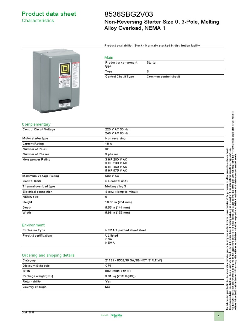 8536SBG2V03: Product Data Sheet | PDF | Manufactured Goods | Electrical ...