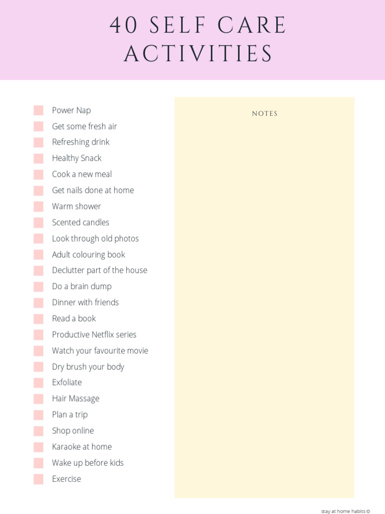 40 Self Care Activities Checklist | PDF | Self-Improvement | Wellness