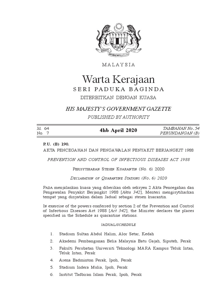 Akta Pencegahan Dan Pengawalan Penyakit Berjangkit 1988 | PDF