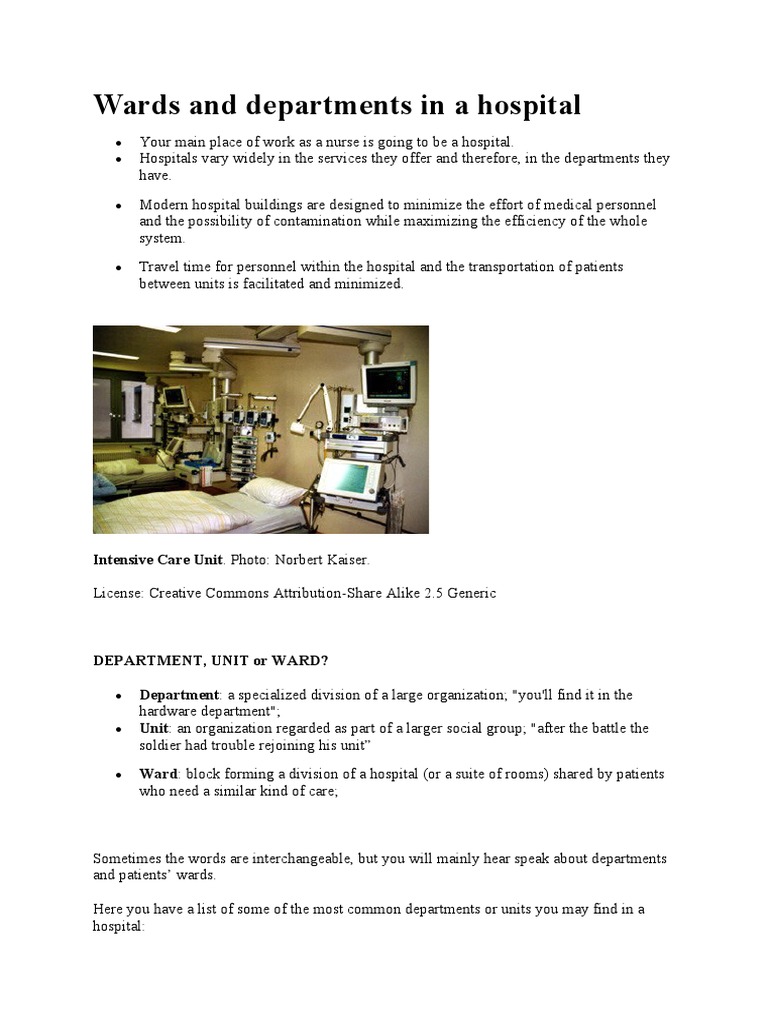 Hospital Wards and Departments Overview | PDF | Hospital | Intensive ...