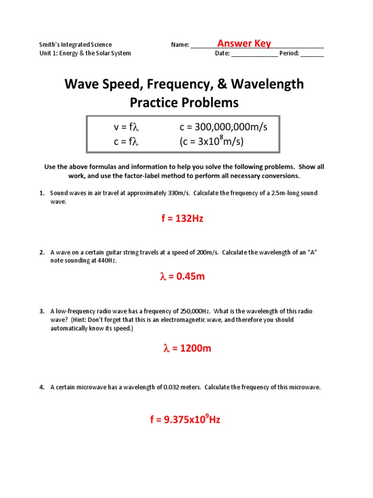Freq Wavelength Practice (With Answers)  PDF  Frequency  Waves In Worksheet Labeling Waves Answer Key
