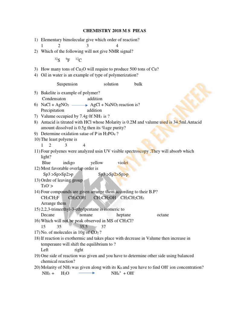 PIEAS Fellowship MS Chemistry Paper 2018 | PDF | Chemical Reactions ...