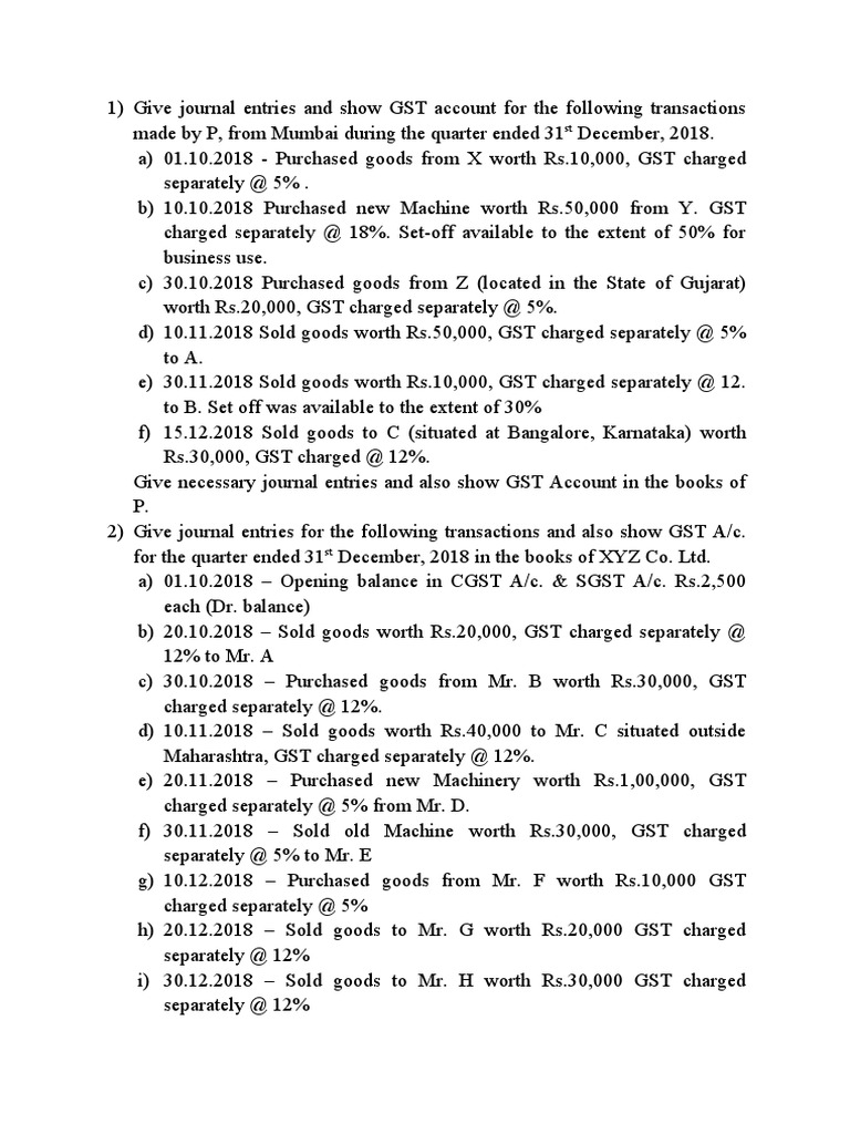 Journal Entries and GST Accounts for Various Business Transactions of
