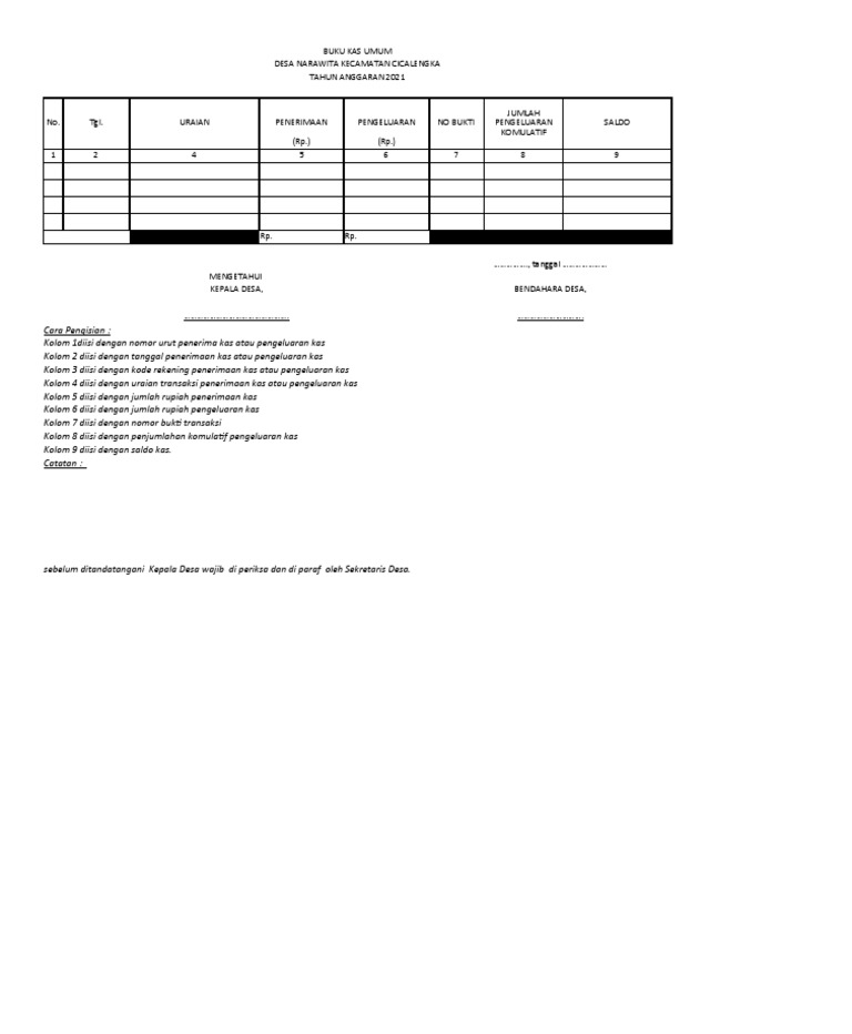 Format Buku Kas Umum Desa 2021 | PDF