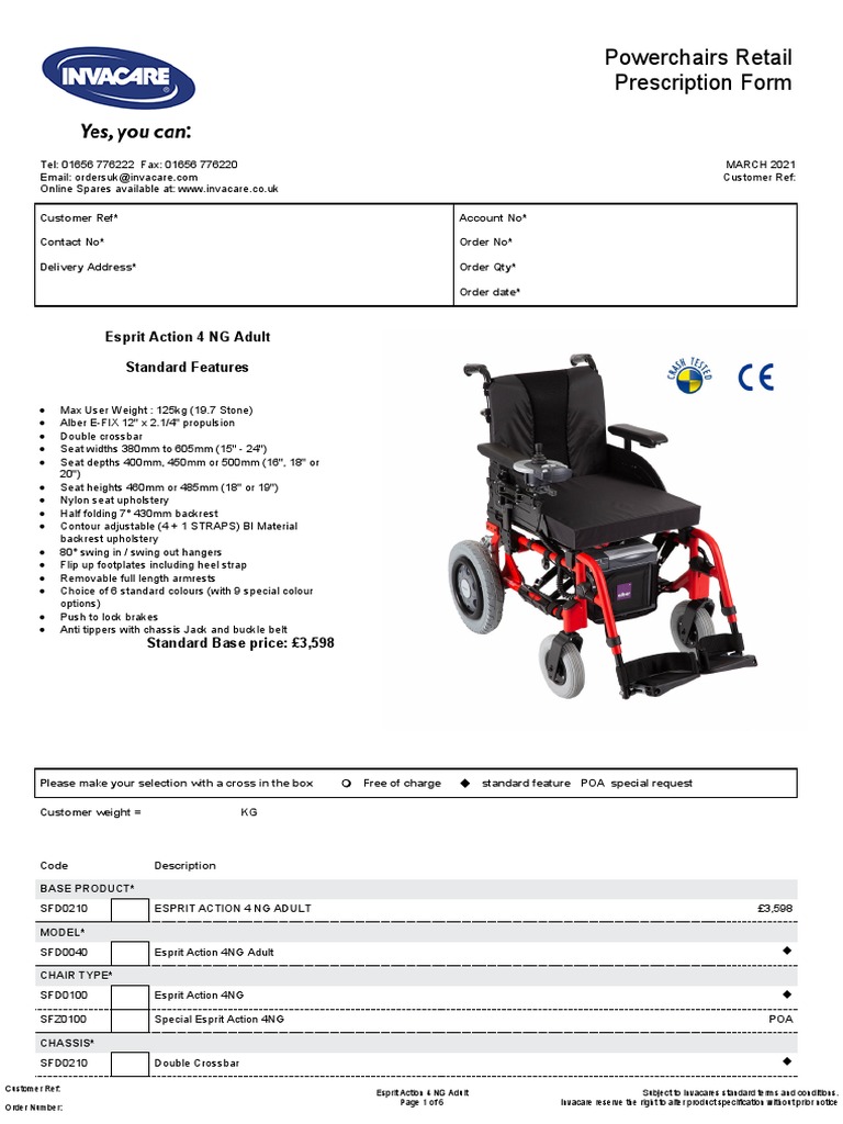 Invacare Esprit Action4 NG Retail Order Form PDF Chair