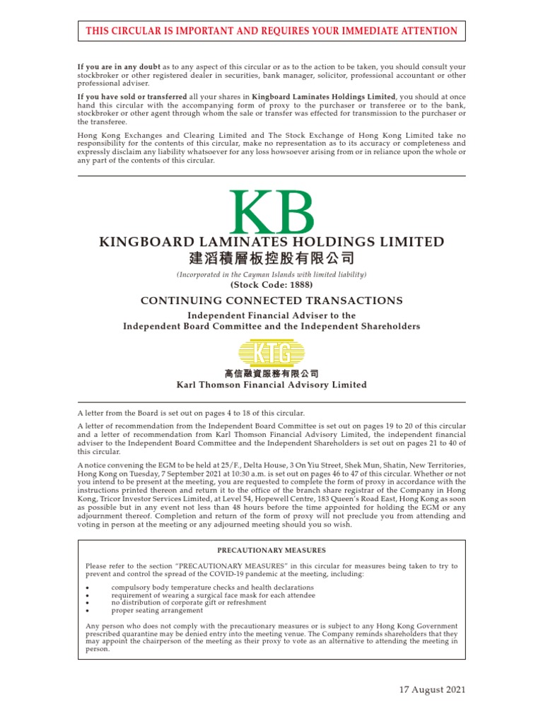 Kingboard Laminates Holdings Limited This Circular Is Important and