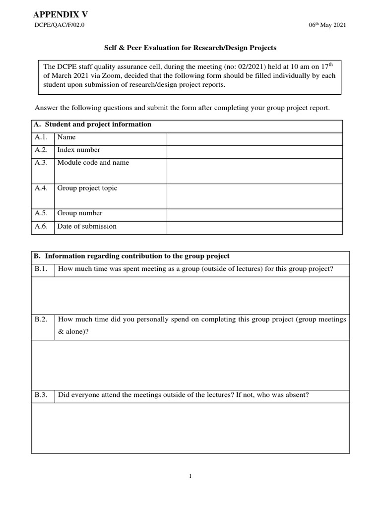 (DCPE QAC) Self and Peer Evaluation Form For Final Year Research and ...