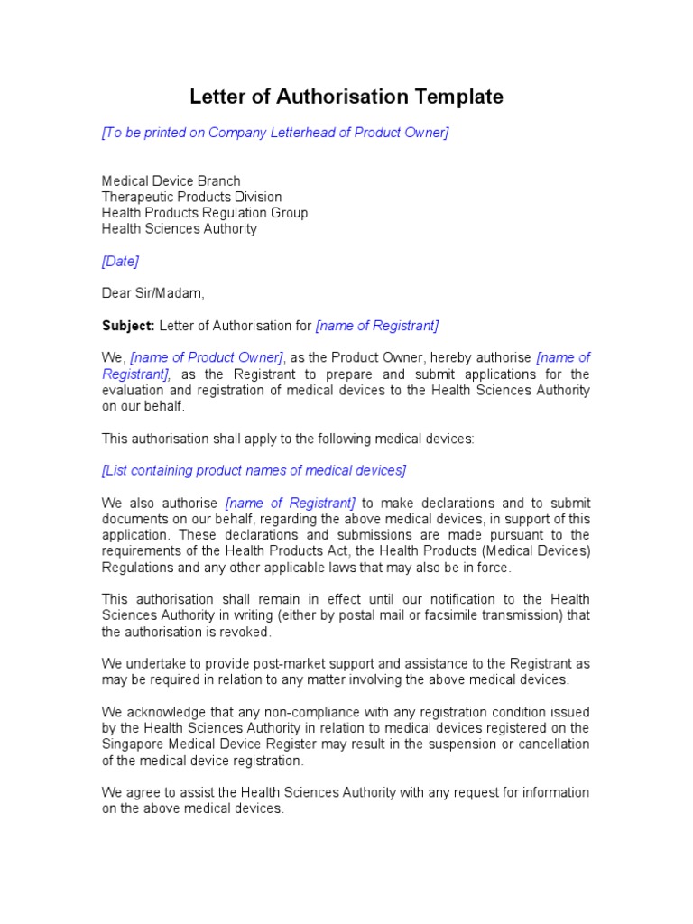 Authorisation Letter for Medical Devices | PDF