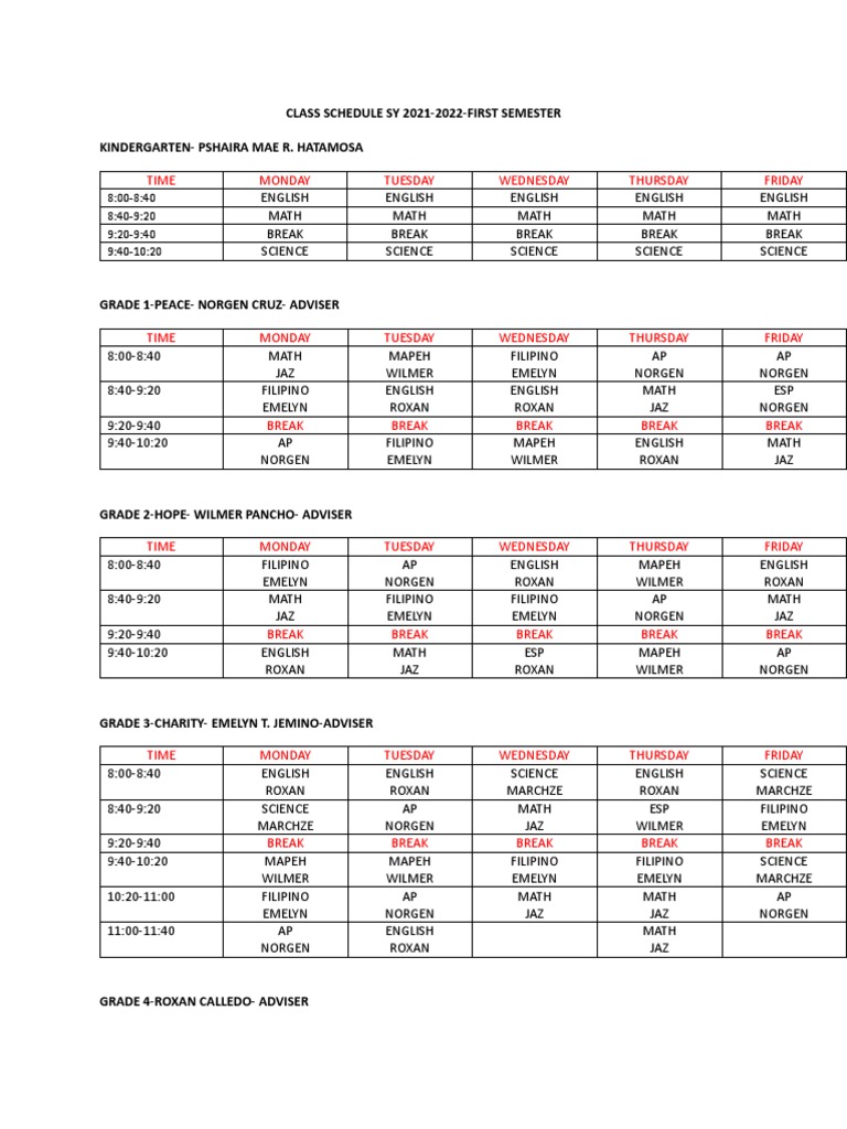 Class Schedule Sy 2021-2022-First Semester Kindergarten-Pshaira Mae R ...
