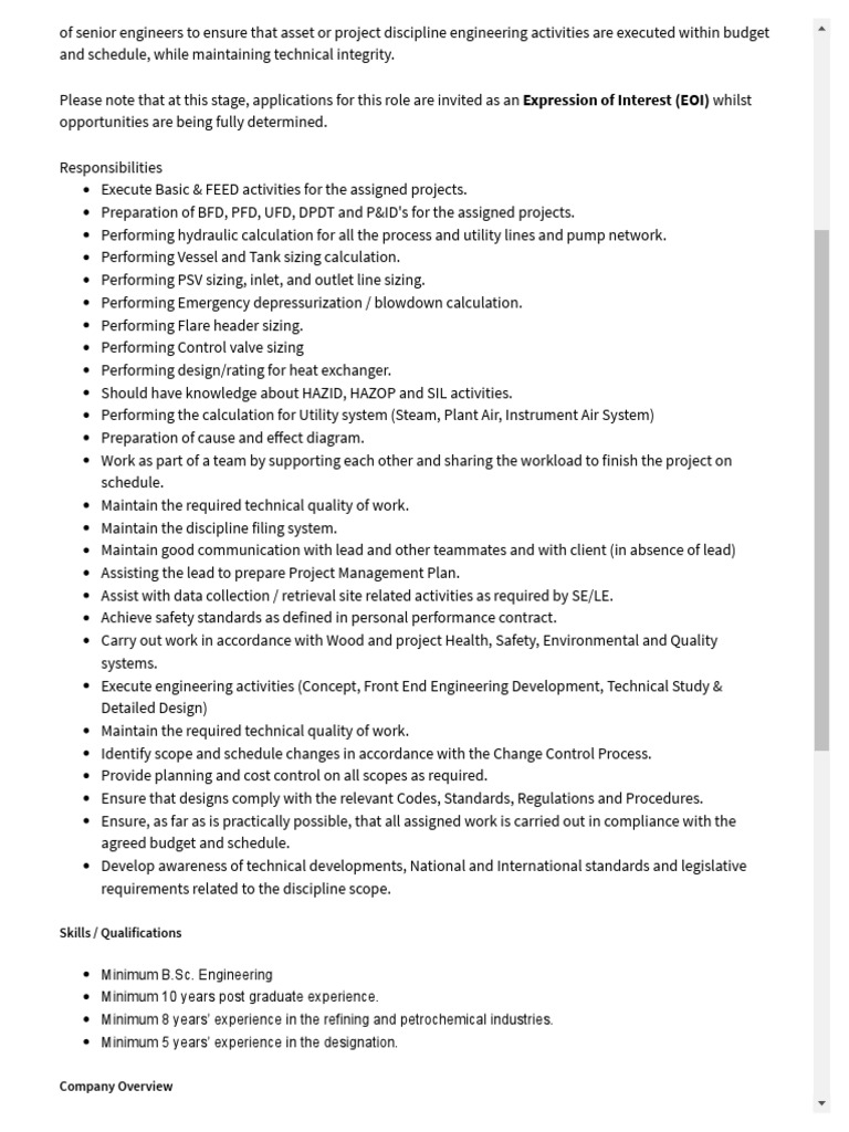 Process Design Engineering Job Profile Wood | PDF | Engineering | Design