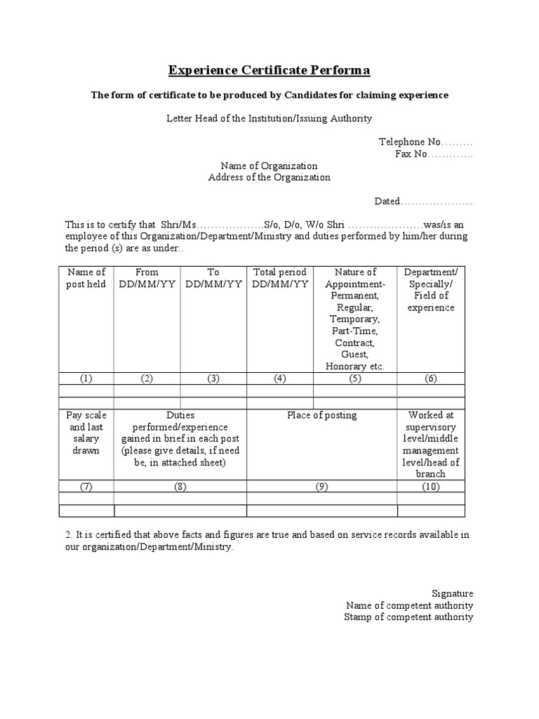 Experience Certificate Performa | PDF