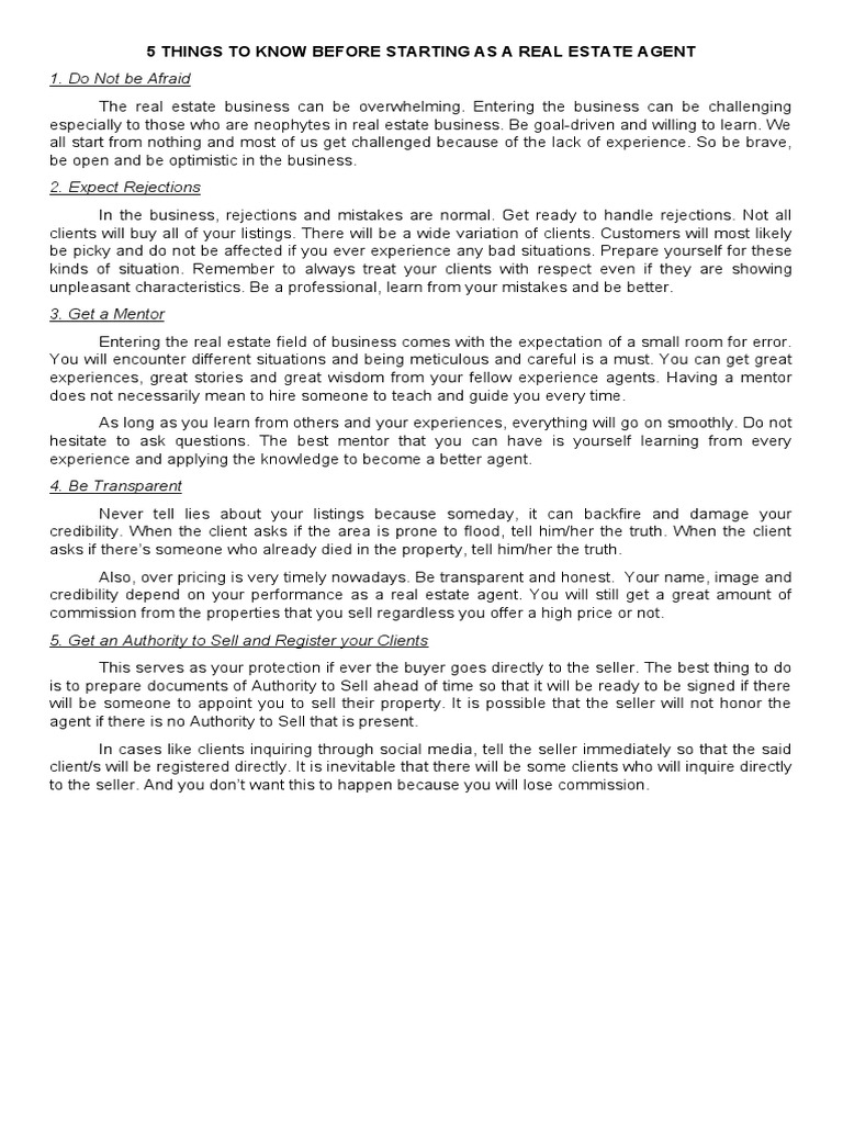 5 Things To Know Before Starting As A Real Estate Agent PDF Real