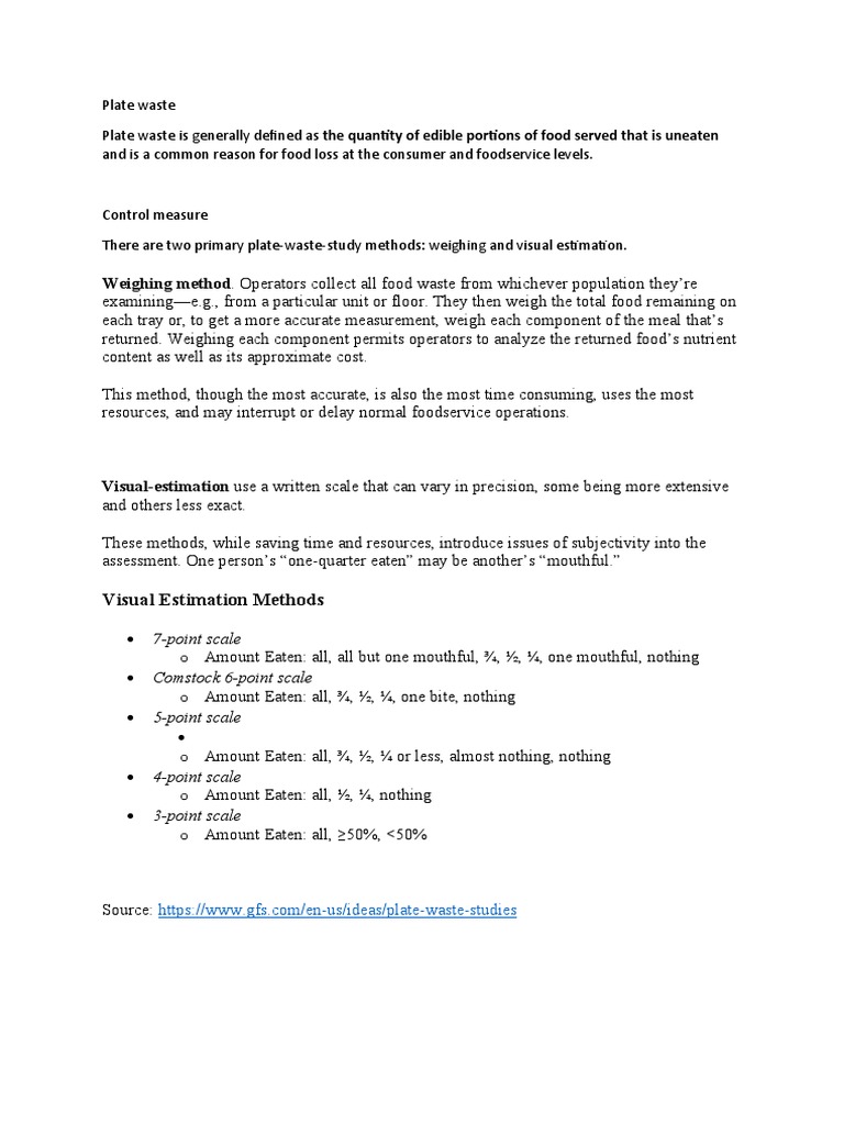 Plate Waste Studies Visual Estimation Methods PDF Foods Food And