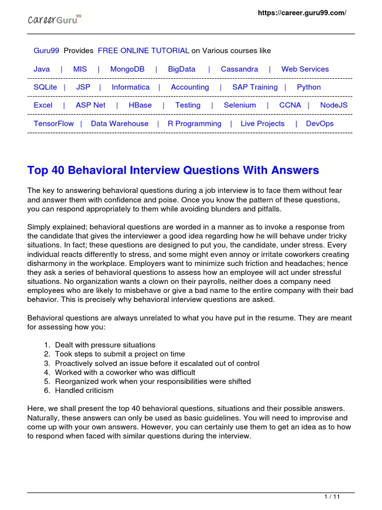 Top 40 Behavioral Interview Questions | PDF | Emotional Intelligence ...