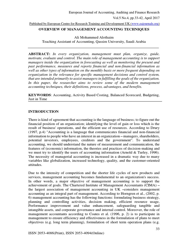 Overview of Management Accounting Techniques PDF Management