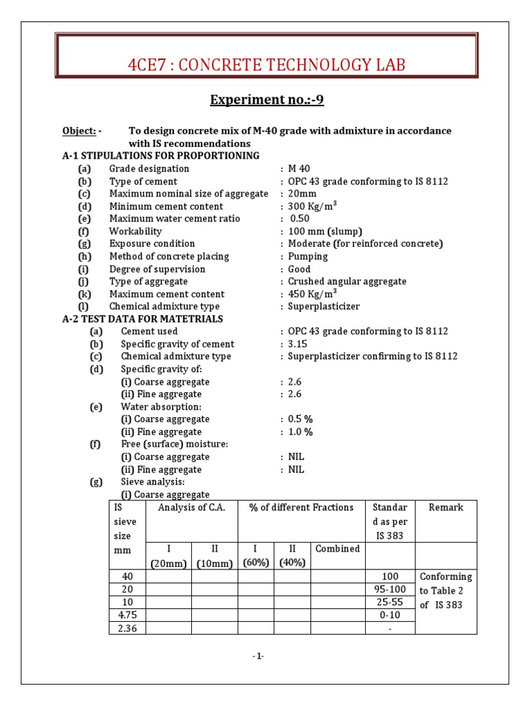 4ce7: Concrete Technology Lab: Experiment No.:-9 | PDF | Concrete ...