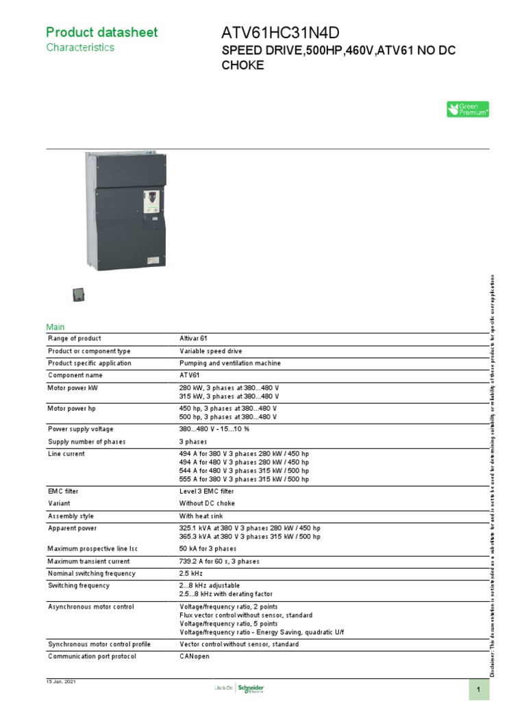 Product Datasheet for the Altivar 61 Variable Speed Drive with 500HP ...