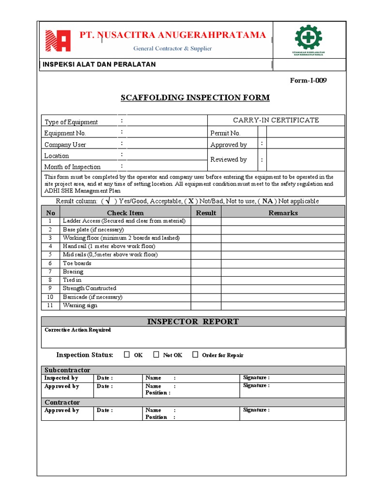 Scaffolding Inspection | PDF