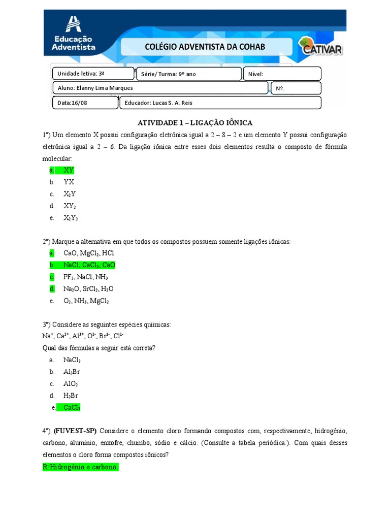 Exercícios sobre Ligação Iônica 9º Ano | PDF | Ligação química ...