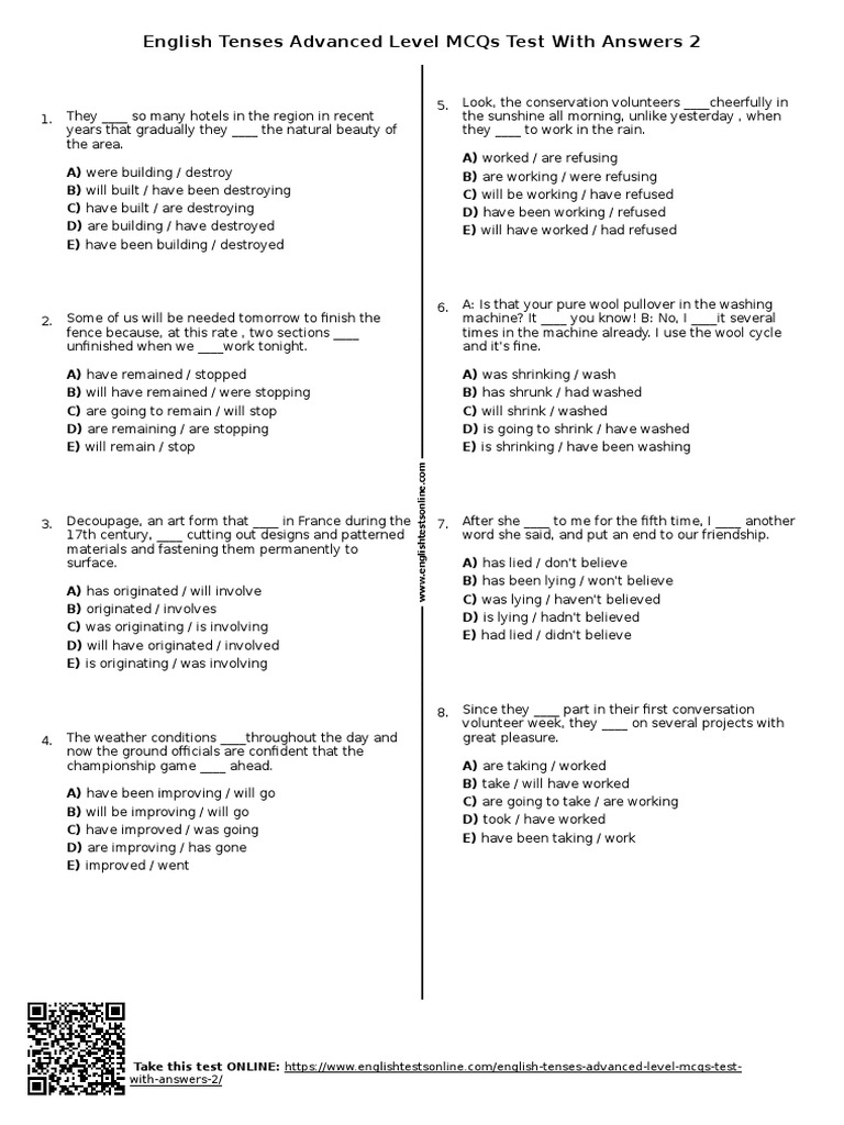 Advanced English Tenses MCQs Test | PDF | Multiple Choice