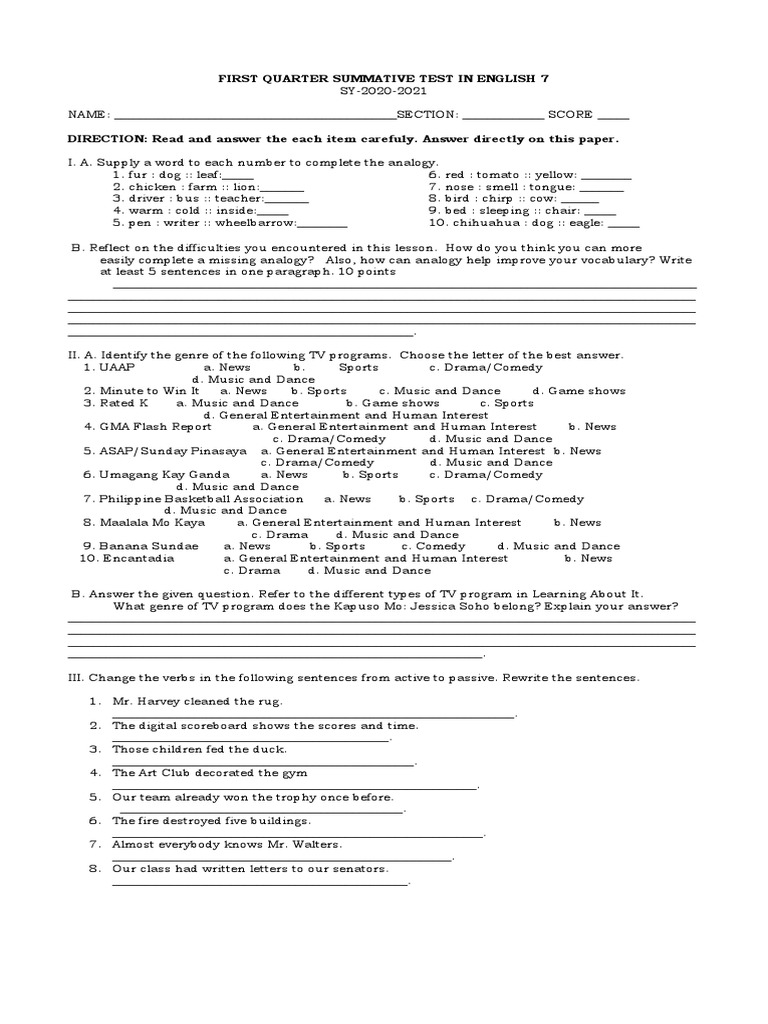 Grade 7 English 1st Quarter Test | PDF | Sentence (Linguistics ...