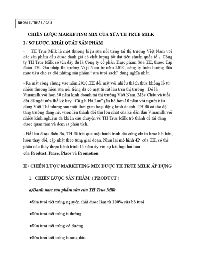 CHIẾN LƯỢC MARKETING MIX CỦA SẢN PHẨM SỮA TH TRUE MILK | PDF