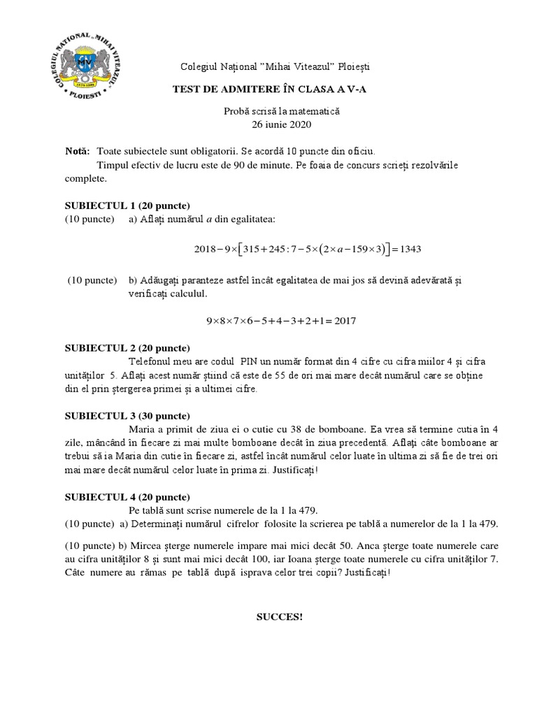 Subiect Mate 5 2020 | PDF