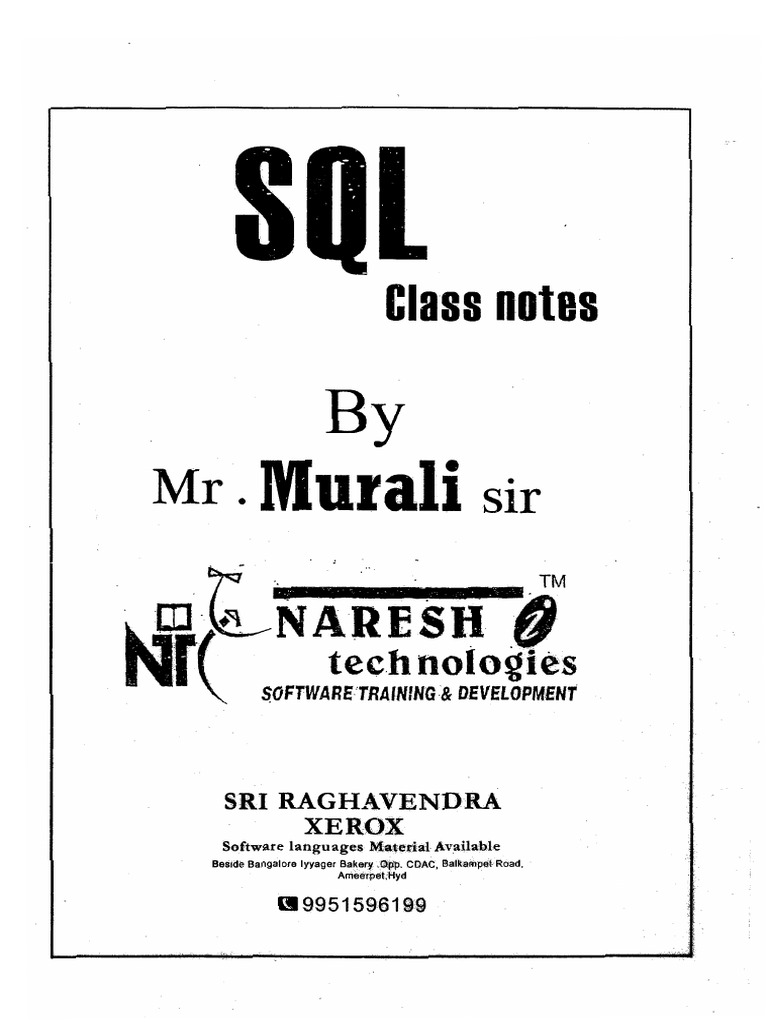 Murali Sir (SQL Class Notes) | PDF