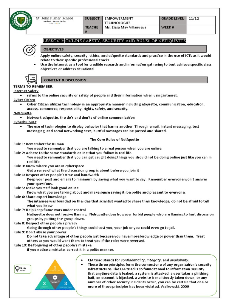 Lesson 2 Online Safety, Security and Rules of Netiquette Objectives