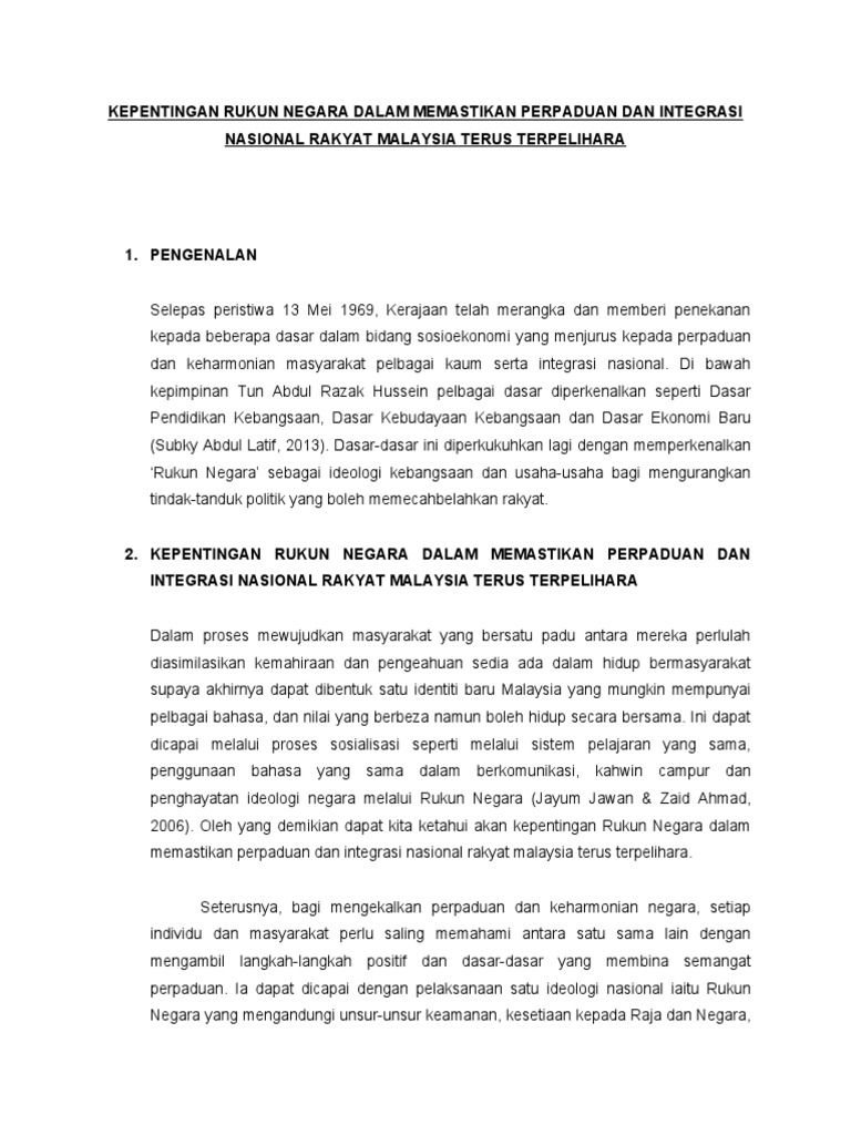 Kepentingan Rukun Negara Dalam Memastikan Perpaduan Dan Integrasi ...
