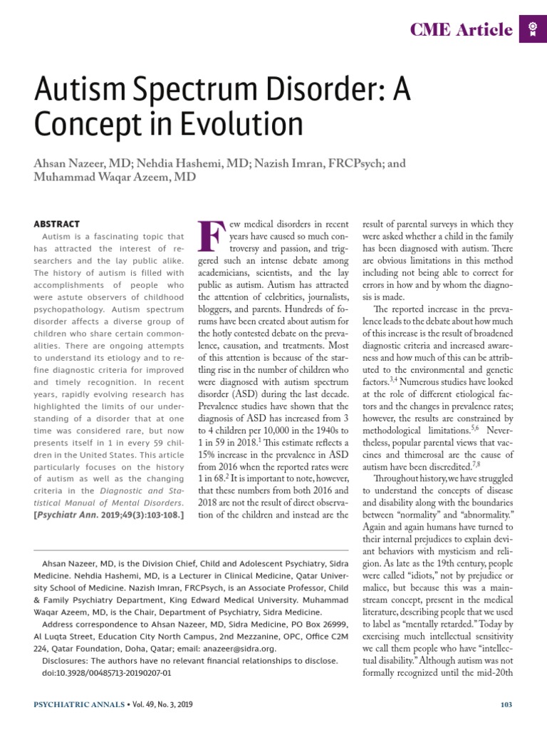 Autism Spectrum Disorder: A Concept in Evolution: CME Article | PDF ...