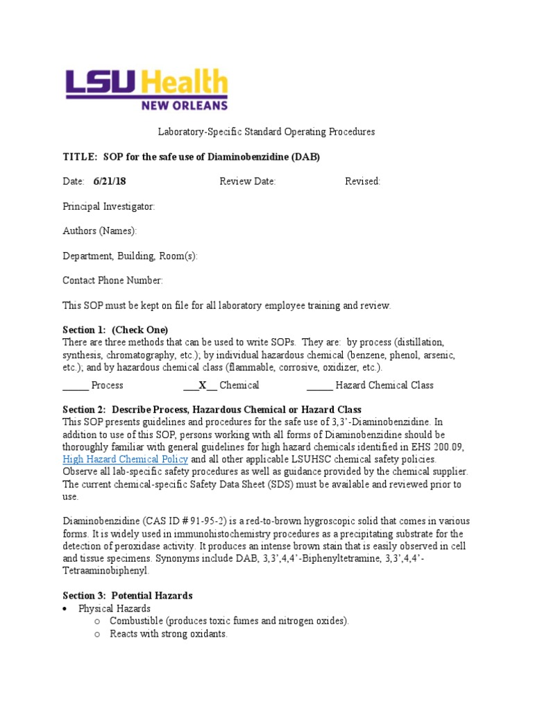 TITLE: SOP For The Safe Use of Diaminobenzidine (DAB) : High Hazard  Chemical Policy | PDF | Personal Protective Equipment | Occupational Safety  And Health