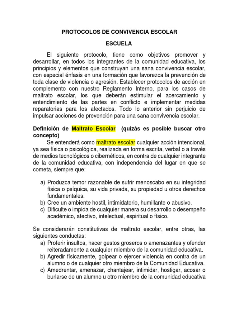 Protocolo de Convivencia Escolar | PDF | Violencia | Maestros