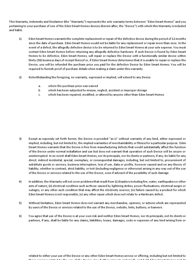 Warranty, Disclaimer, and Indemnification Terms for Eden Smart Home Devices PDF Legal