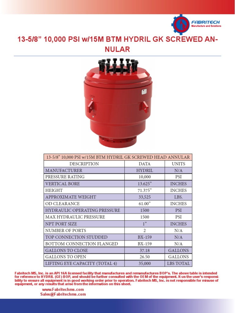 13.625 10000 15mbtm Hydril GK Screwed Annular Bop Spec Sheet | PDF