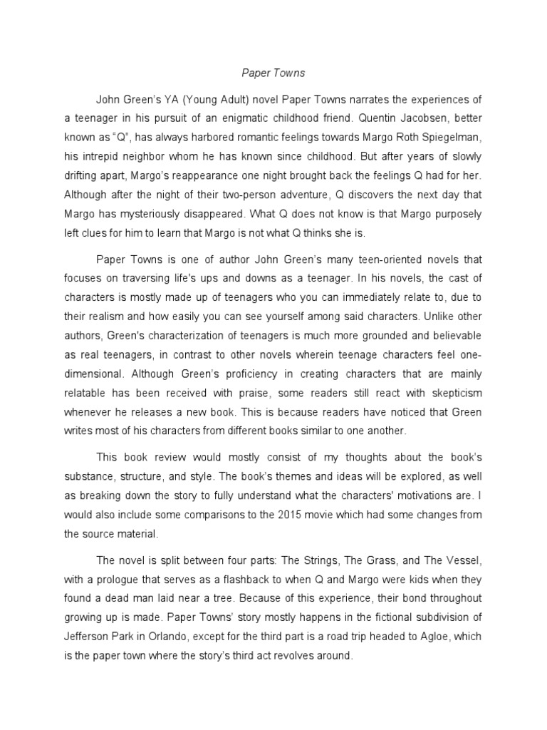 Paper Towns Book Review PDF