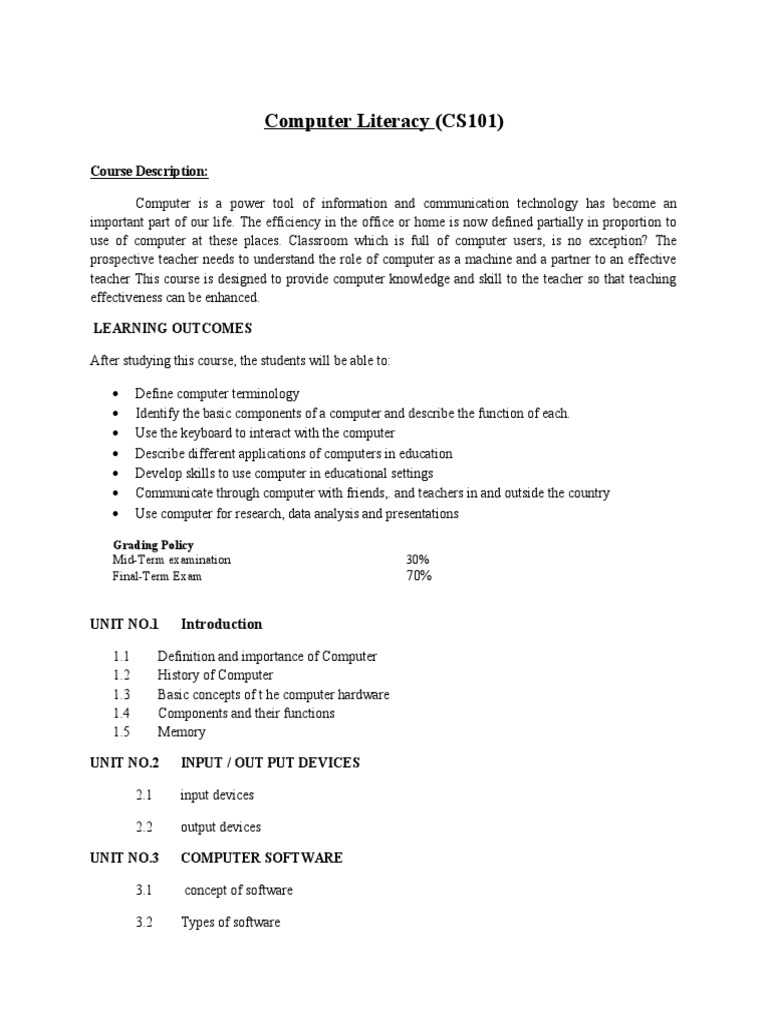 Computer Literacy Course Overview | PDF | Input/Output | Teachers