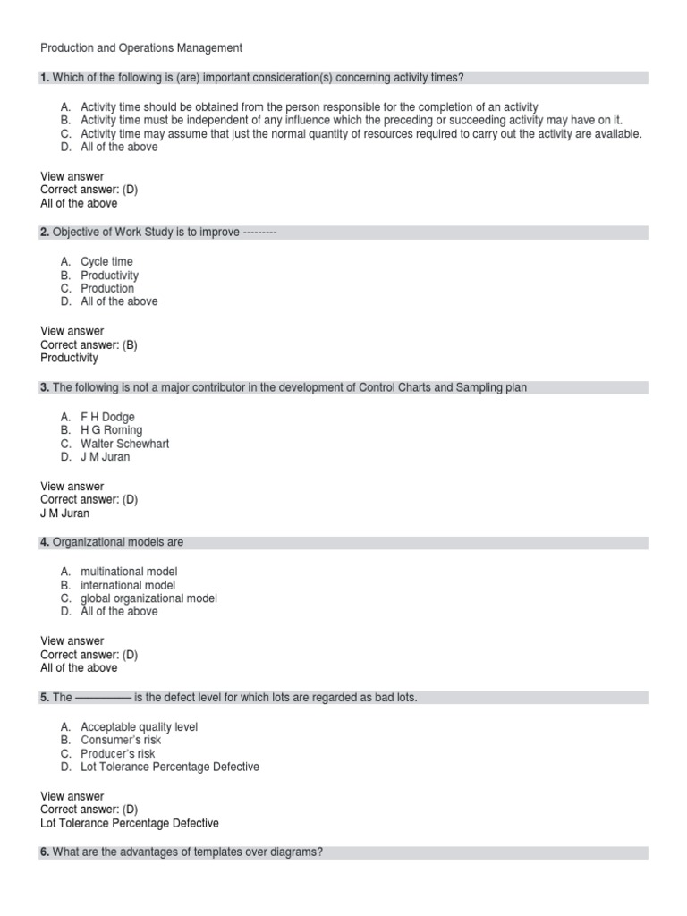 Production & Operations Management Quiz | PDF | Inventory | Business ...