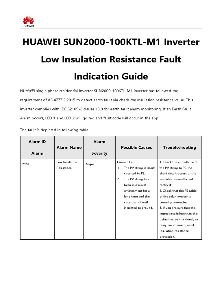 HUAWEI SUN2000100KTLM1 Inverter Low Insulation Resistance Fault Indication Guide PDF