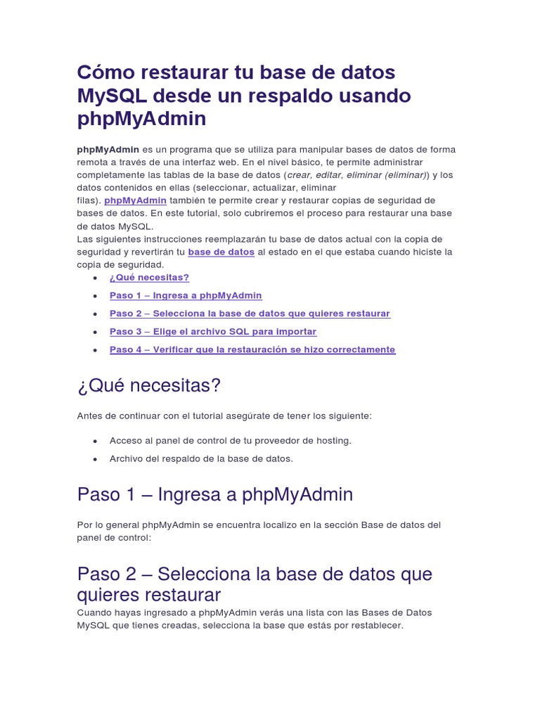 Restaurar base de datos MySQL en phpMyAdmin | PDF | Mi sql | Bases de datos
